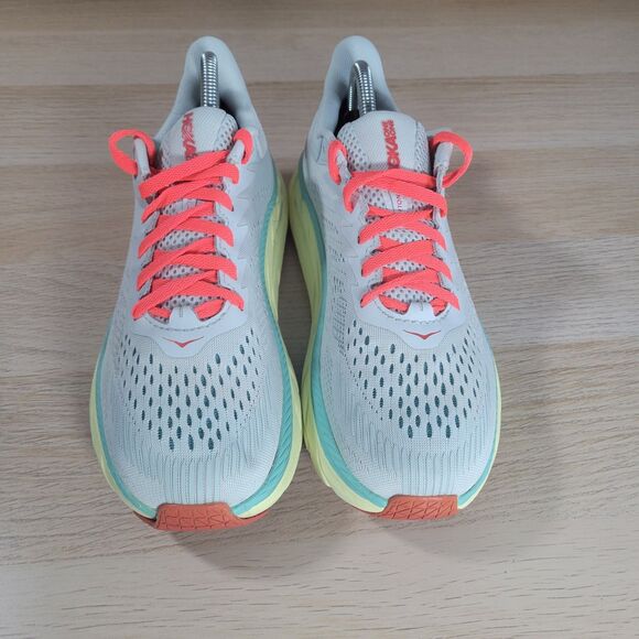 Hoka One Clifton 7 Shoes Womens Size 9.5 Morning Mist Hot Coral Running Trainers - Picture 2 of 8